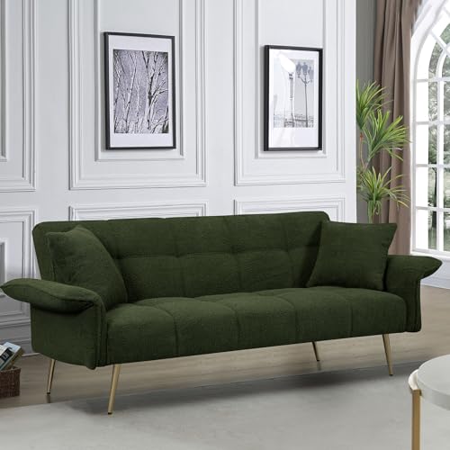 Futon Sofa Bed, Teddy Futon Couch Bed with Convertible Backrest, Modern Futon Couch with Adjustable Armrests, Sofa Bed with Memory Foam for Living Room, Bedroom, Beige