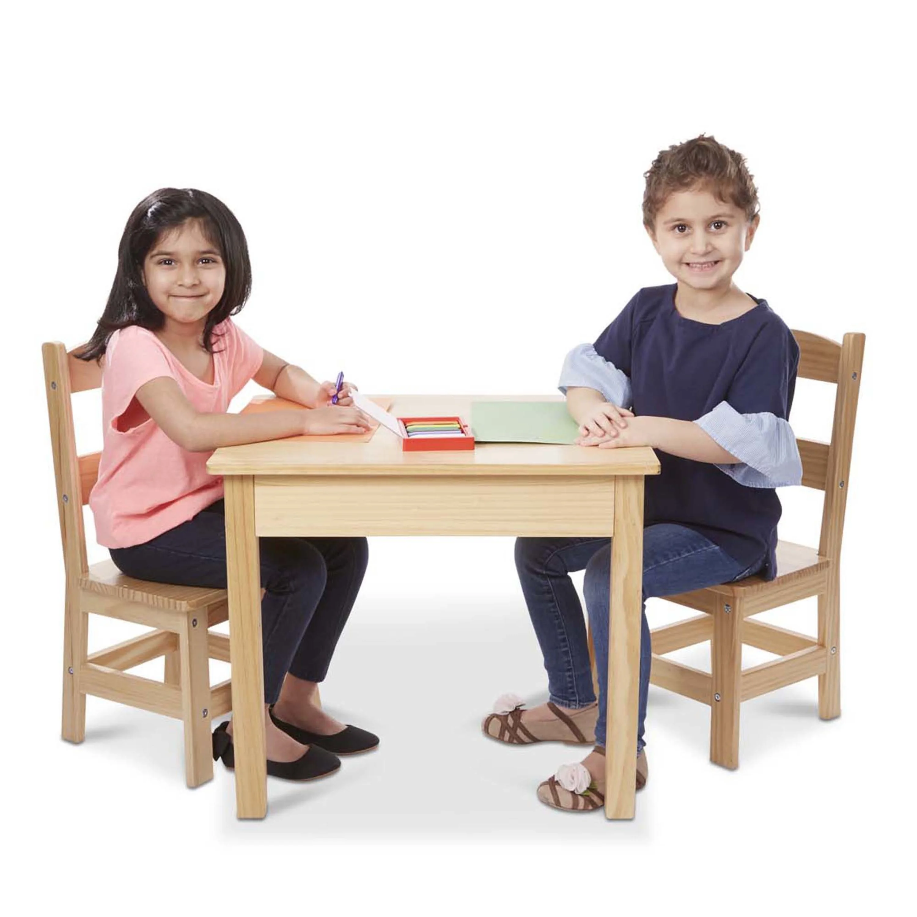 Melissa & Doug Solid Wood Table and 2 Chairs Set - Light Finish Furniture for Playroom