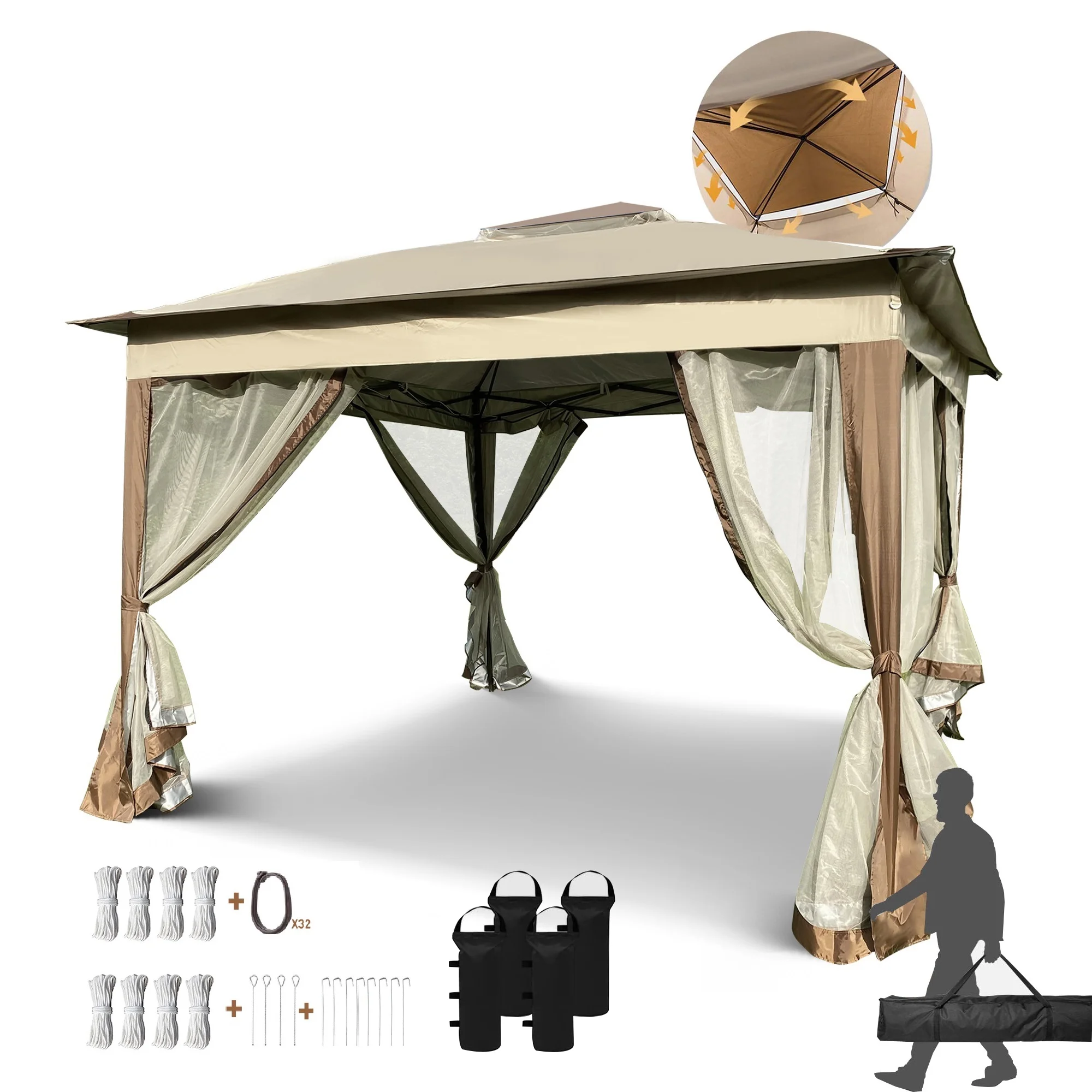CoSoTower Outdoor 11X 11FT Pop Up Gazebo Canopy with Removable Zipper Netting, 2-Tier SoFT Top Event Tent, Suitable for Patio Backyard Garden Camping Area with 4 Sandbags, Coffee