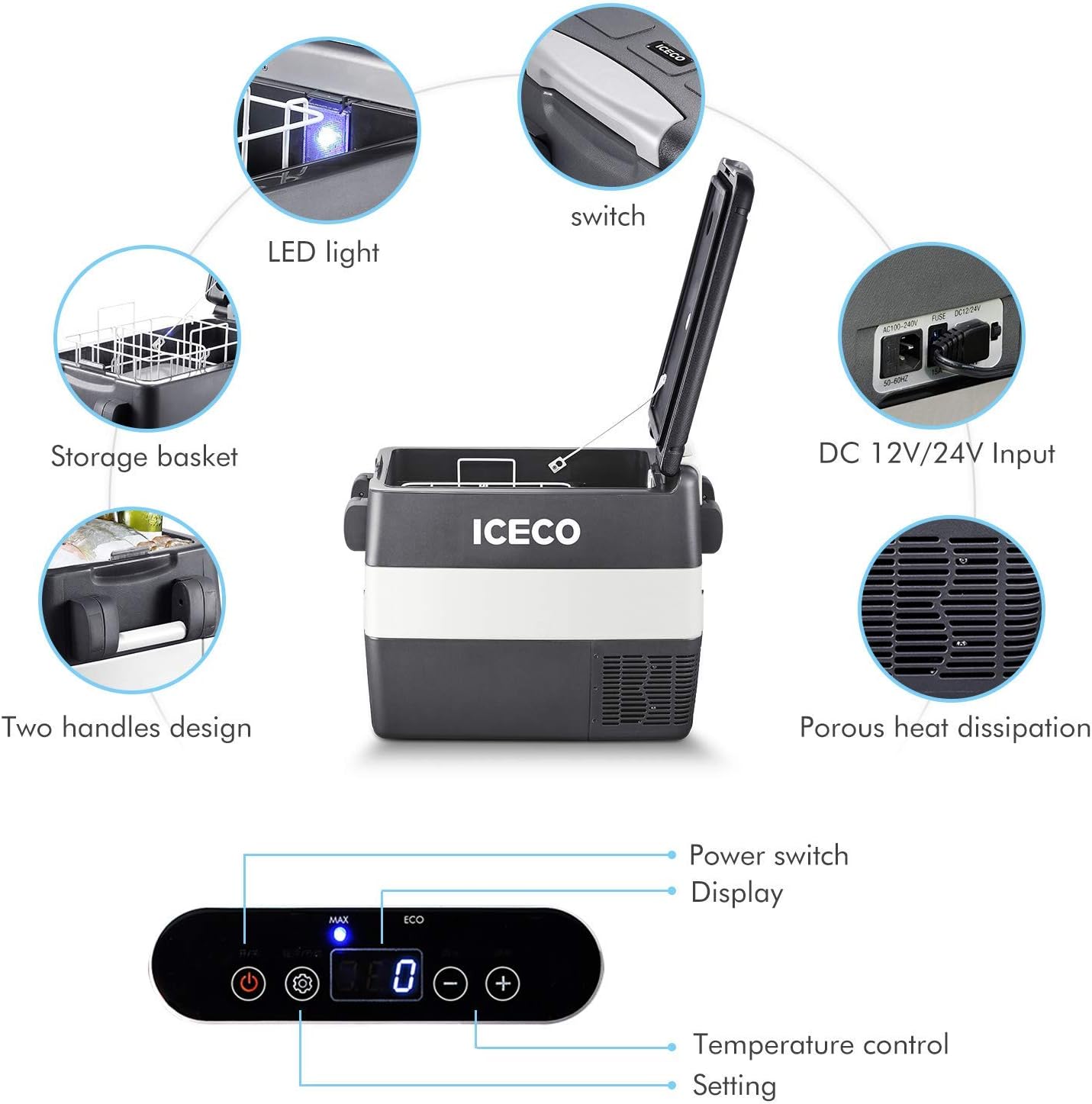 ICECO JP50 Portable Refrigerator Fridge Freezer, 12V Cooler Refrigerator, 50 Liters Compact Refrigerator with Secop Compressor, for Car & Home Use, 0℉～50℉, DC 12/24V, AC 110/240V