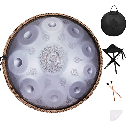 Handpan Drum 22 Inches D Minor Kurd, 432Hz 10 Notes Hand Drum Instrument, Premium Steel Hand Drum, Handpan Instrument Handpan Drum for Adults (Gold)
