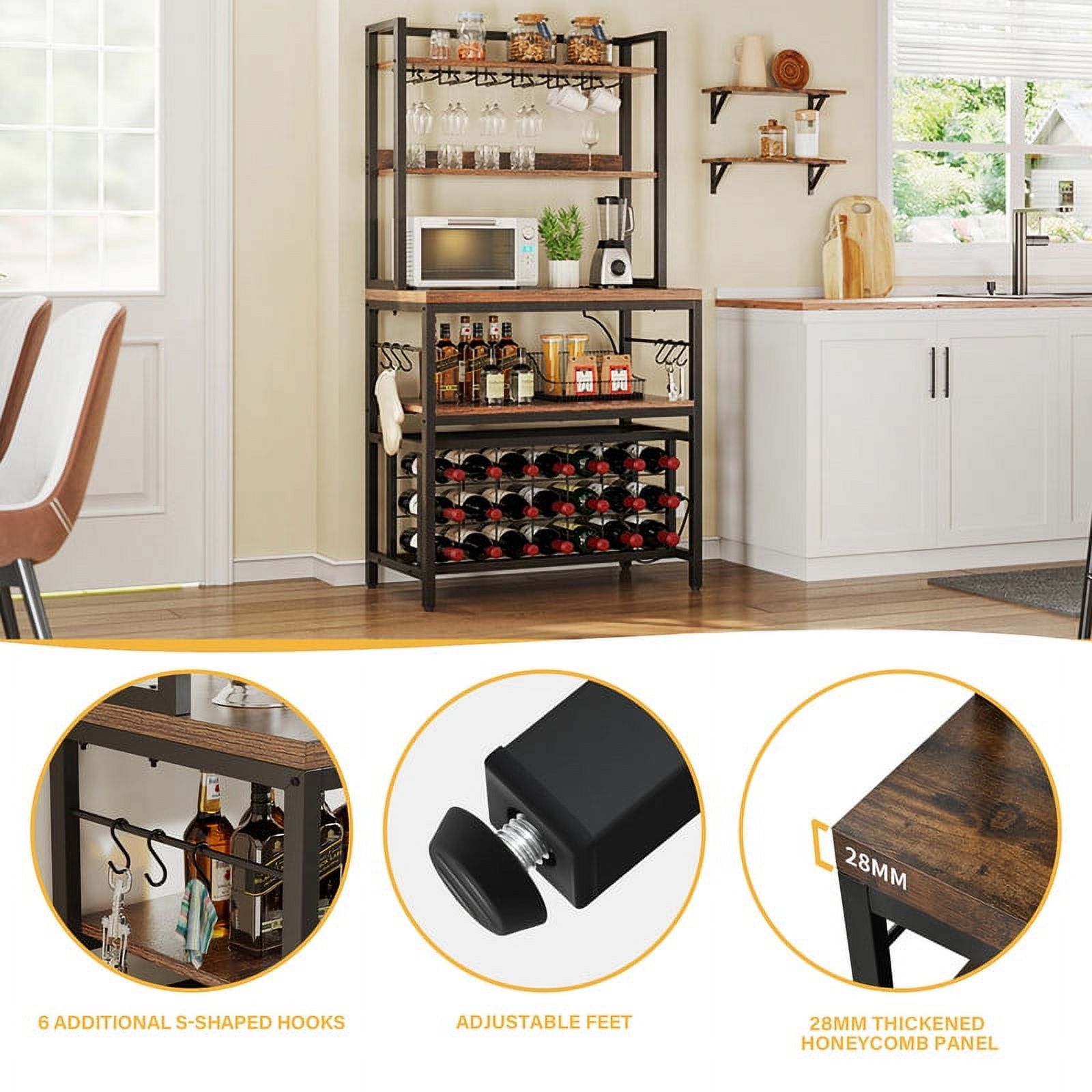 DWVO 4 Tier Coffee Bar Station, 31.5" Freestanding Kitchen Bakers Rack with Wine Rack, Kitchen Microwave Stand with Power Outlet and Hooks for Home, Dinning Room, Rustic Brown