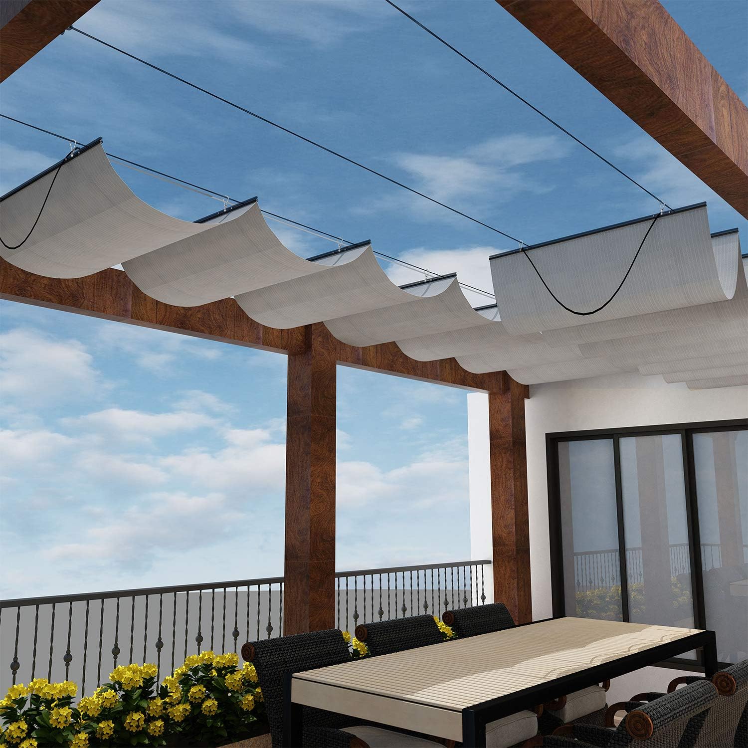 Windscreen4less Retractable Shade Canopy Replacement Cover for Pergola Frame Slide on Wire Cable Wave Drop Shade Cover Shade Sail Awning for Patio Deck Yard Porch Brown 4 ' x 16 '