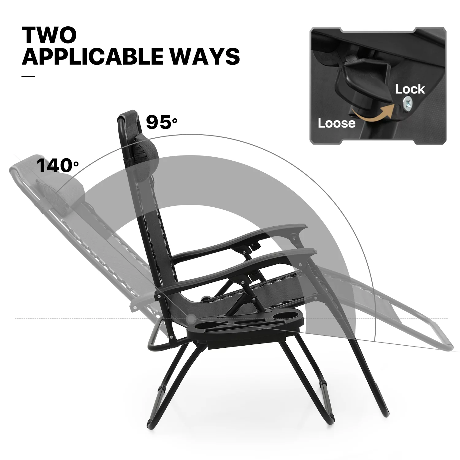 MoNiBloom Patio Zero Gravity Chair Set of 2, Folding Adjustable Reclining Beach Lawn Lounger with Pillow and Cup Holder, Black
