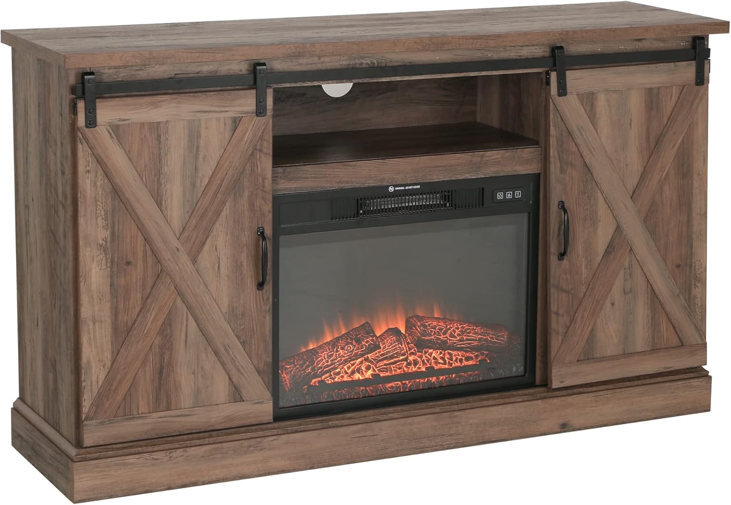 Sophia & William Farmhouse Electric Fireplace TV Stand for TV's Up to 65, Accent Decorative Barn Door Storage Cabinet Chest with 23 Insert Fireplace for Living Room Bedroom Home Office, Burlywood