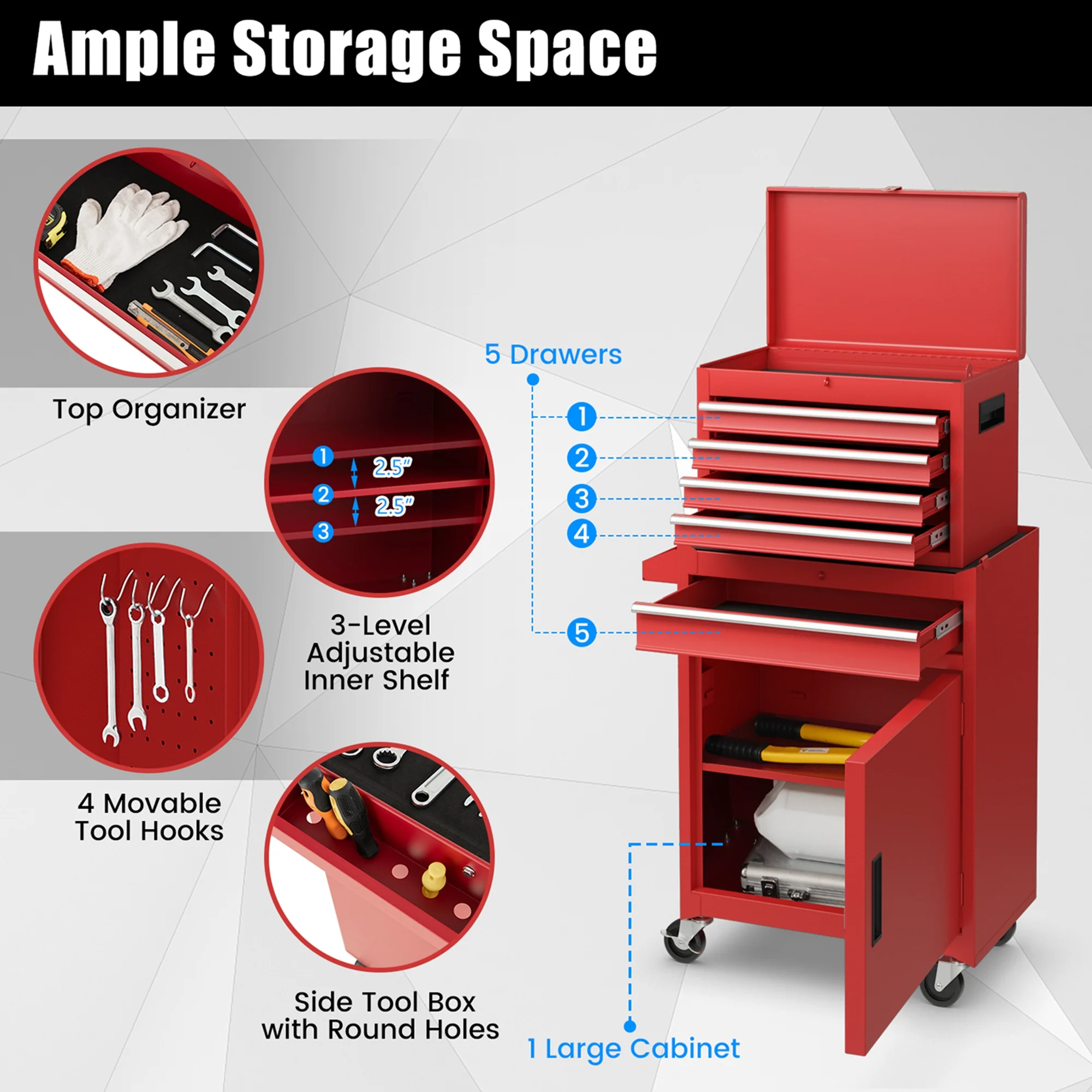 Costway 5-Drawer Rolling Tool Chest Cabinet Metal Tool Storage Box Lockable with Wheels Red