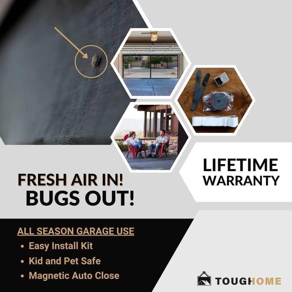 Heavy Duty 2 Car Garage Door Screen, (16 x 7) Durable Fiberglass Mesh Screen with Magnetic Auto Close, Kid and Pet Safe, Fresh Air in - Bugs & Mosquitos Out, Easy Install Screen Door Kit, All Season