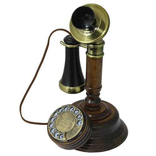 Opis 1921 Cable - Model C - Antique Style Telephone Made from Real Wood, Classic Black Plastic Parts Partially Gilded with Brass