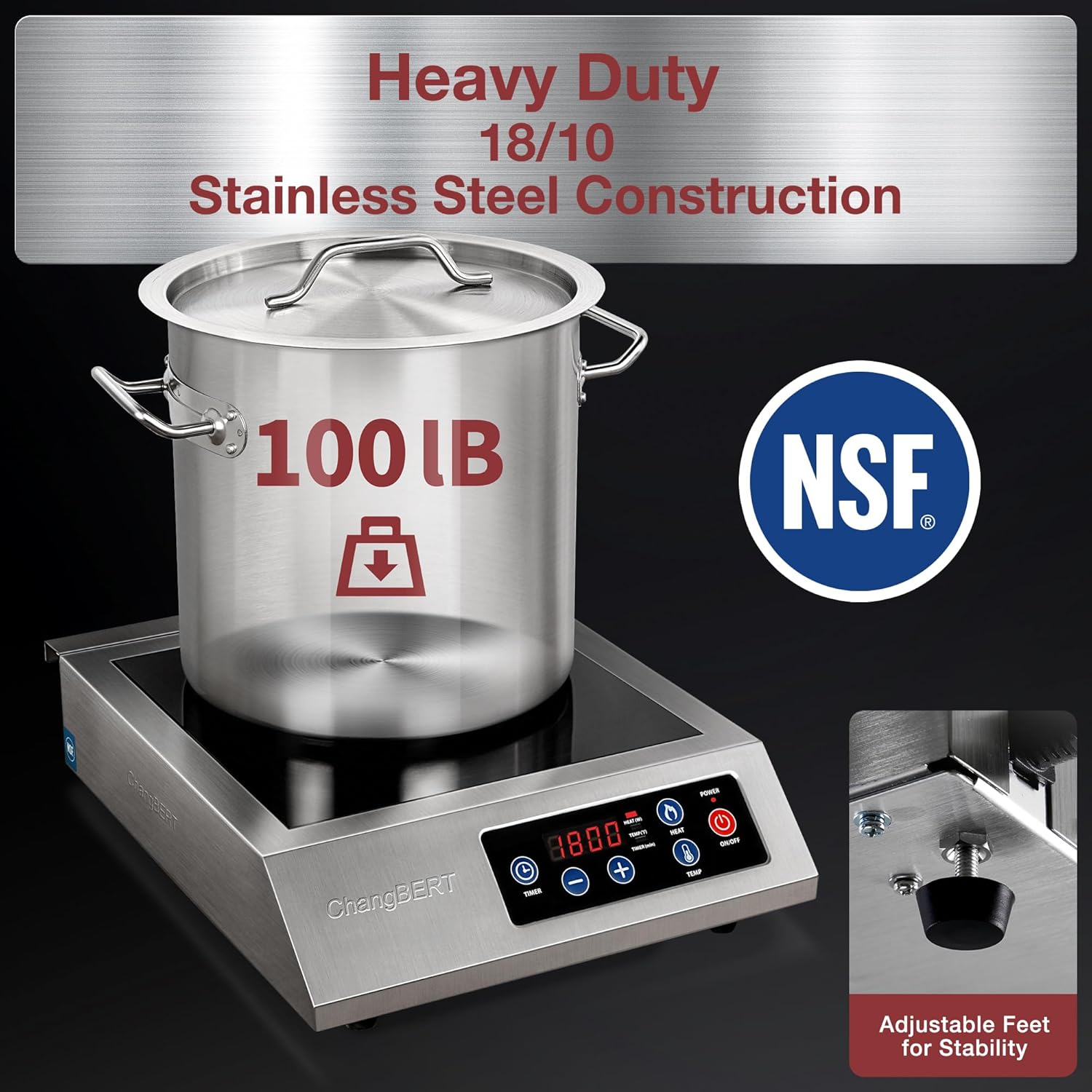 Induction Cooktop 1800W NSF Certified Commercial Grade Powerful Reliable Countertop Burner Pro Chef Professional Hot Plate 18/10 Stainless Steel Housing Schott Glass 10 Hours Timer