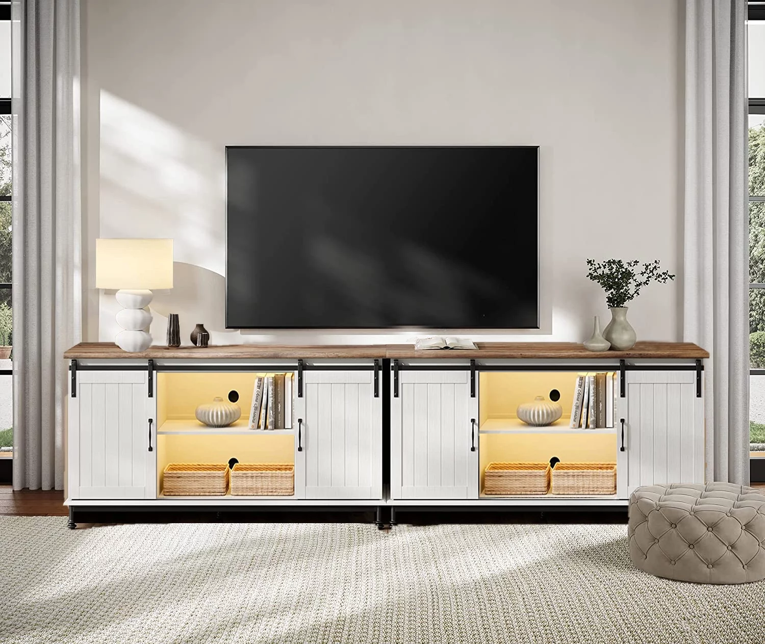 WAMPAT TV Stand for 110 Inch TV wit Blue LED Light, White Entertainment Center for 90-110 inch TV Console Table Farmhouse Storage for Living Room