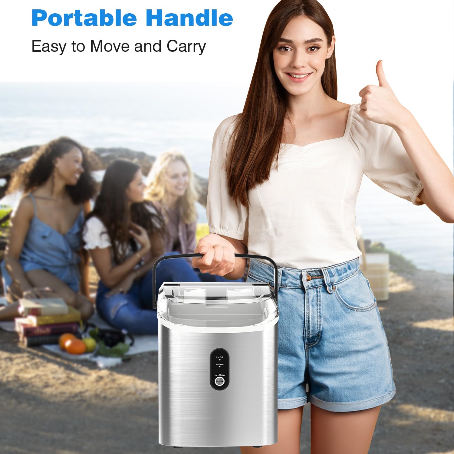 Kndko Nugget Ice Maker Countertop,Crushed Ice Maker with Chewable Ice,Fast Ice Making 35Lbs/Day, Self Cleaning Countertop Ice Maker, Removable Top Cover, One-Click Design,Stainless Steel Ice Machine
