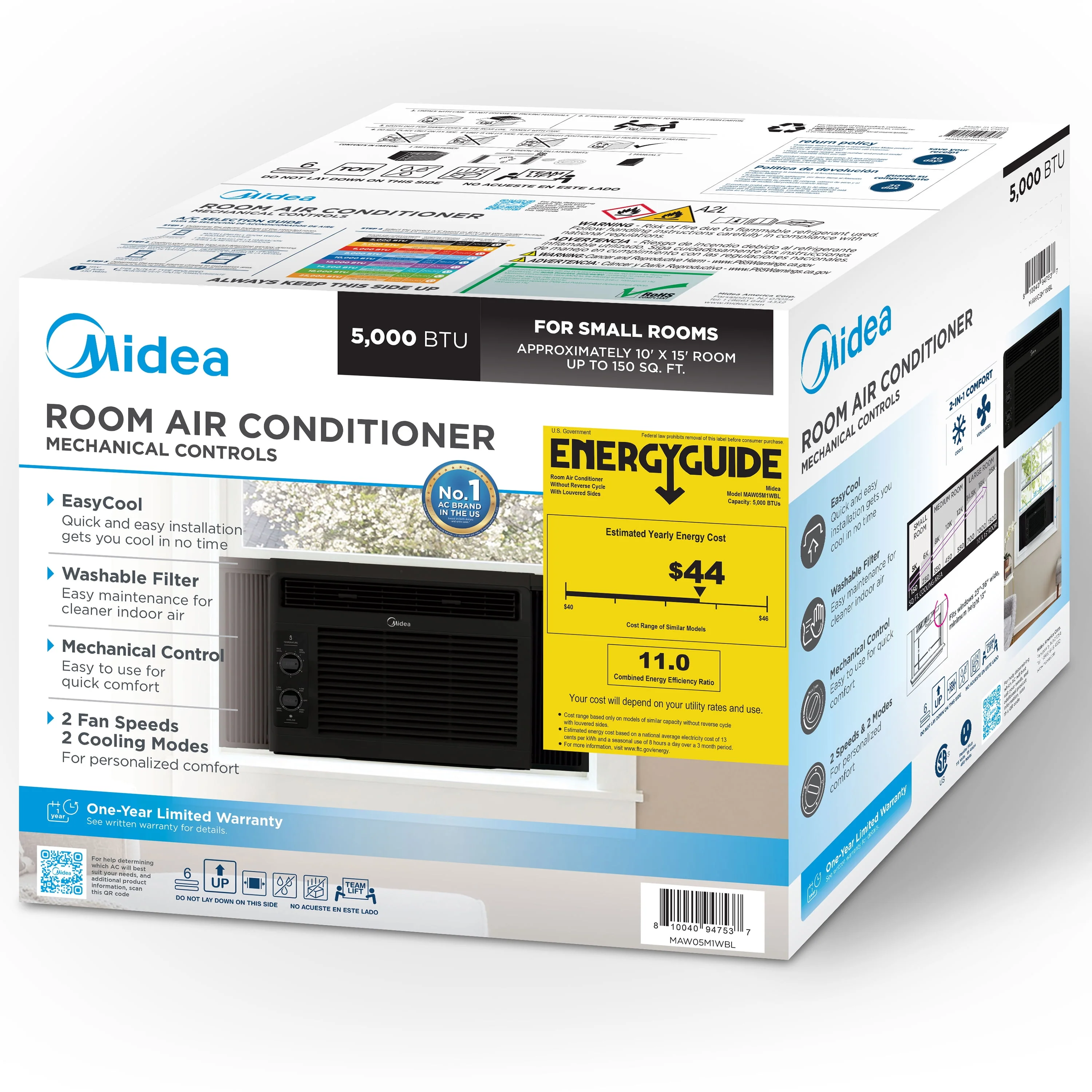 Midea 5,000 BTU 150 Sq ft Mechanical Window Air Conditioner, White, MAW05M1WWT