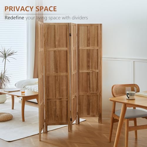 Wood Room Divider 4 Panel, 5.6 FT Tall Room Divider and Folding Privacy Screen, Partition Divider for Room Separation, Wooden Wall Divider Screen for Home Office Bedroom (Retro White)
