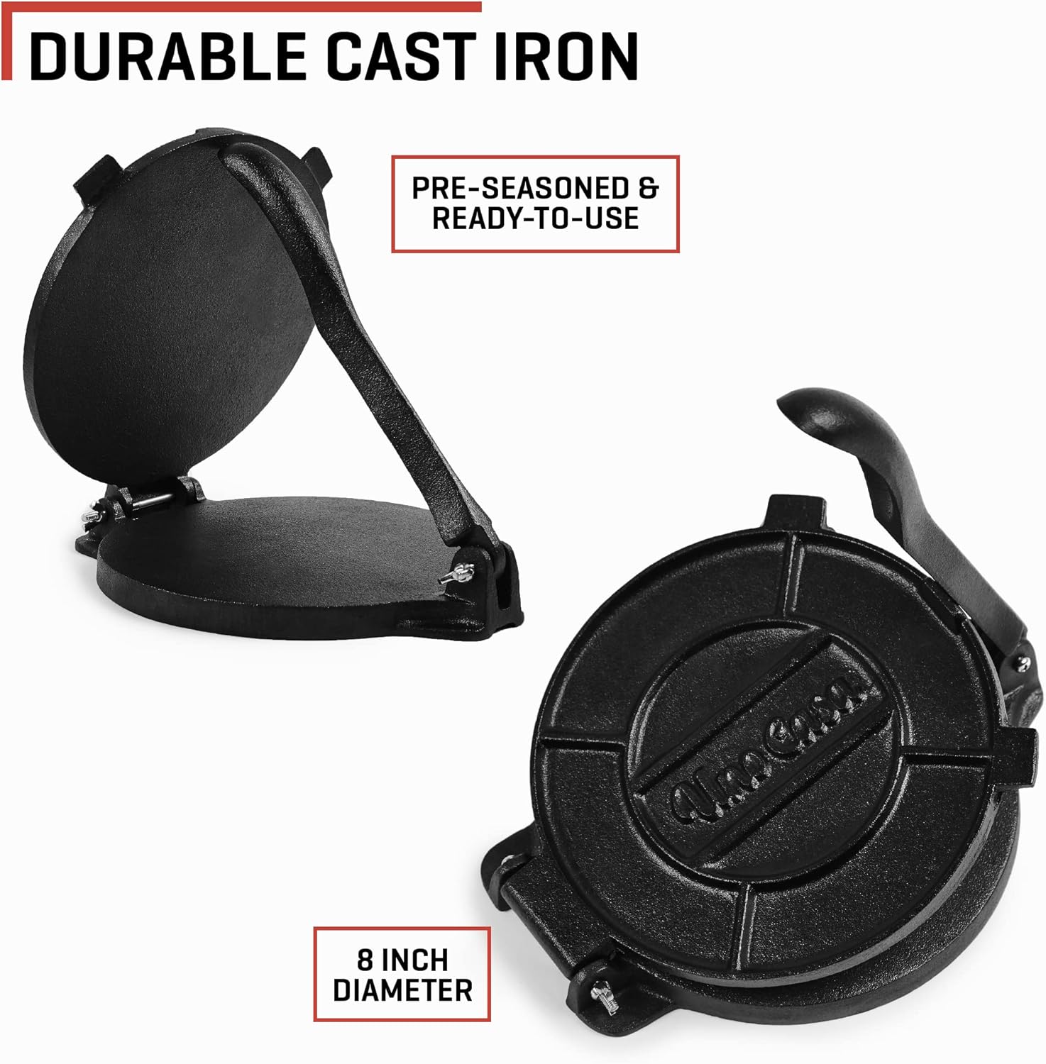 Uno Casa Cast Iron Tortilla Press 8 Inch with Cast Iron Comal Pan - Bundle of Tortilla Pan for Roti, Tawa, Dosa and Pre-Seasoned Tortilla Press Pataconera