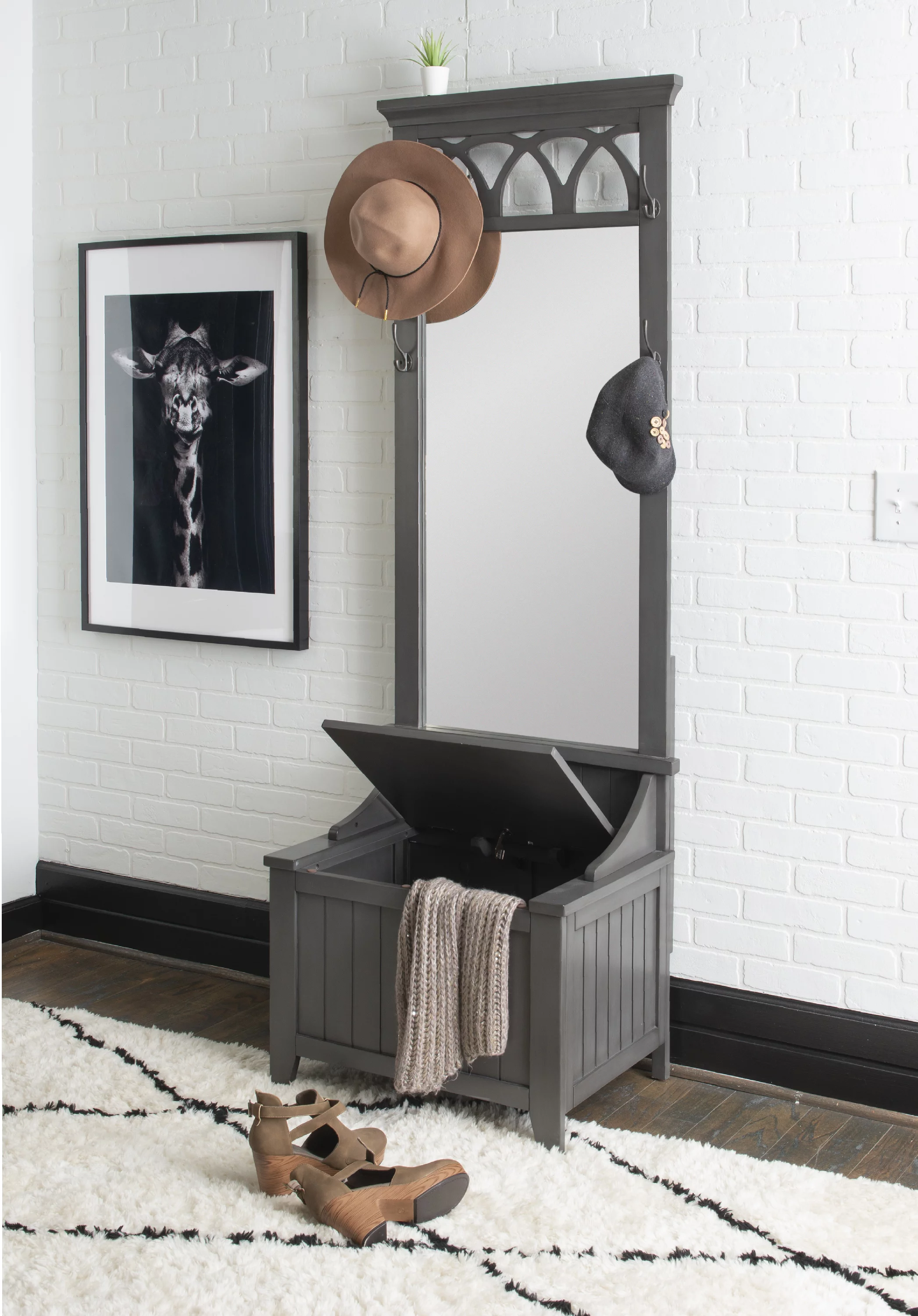 Winslett 4-Hook Hall Tree with Storage Bench and Mirror, Gray