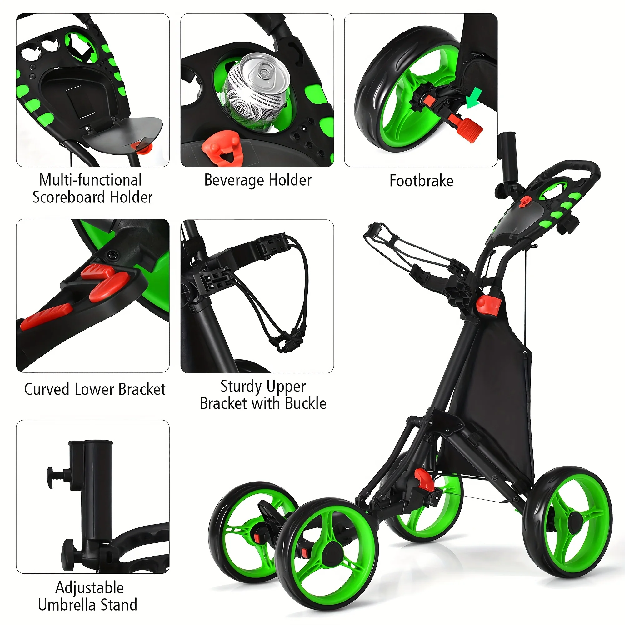 PGAST 4-Wheeled Golf Push Cart-Compact Folding Design, Adjustable Handle, Built-in Scoreboard-Accessories Bag Included, Ideal for Golf Enthusiasts - Curated Treasures Market