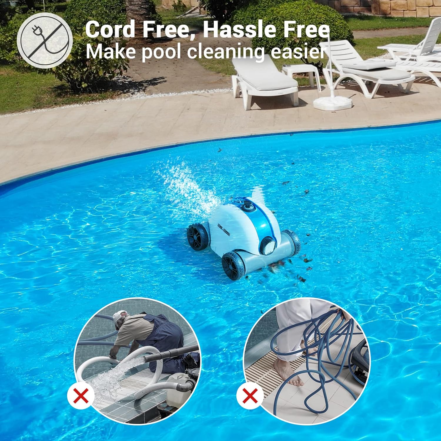 Rock&Rocker Cordless Robotic Pool Cleaner, Automatic Pool Robot Vacuum with 60-90 Mins Working Time, Rechargeable Battery, IPX8 Waterproof for Above Ground Swimming Pools Up to 861 Sq Ft, Blue