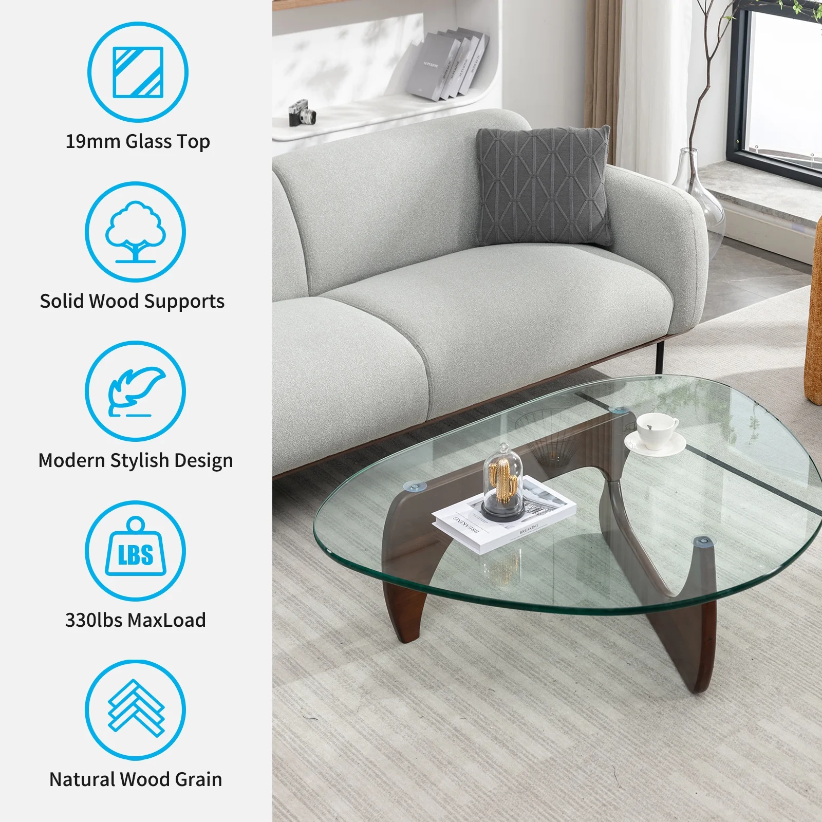 Mjkone Noguchi Triangle Glass Coffee Table ,Tempered Glass Coffee Table with Solid Dark Walnut Base，Coffee Table with Tempered Glass Top  for Living Room  (19mm Glass Top)