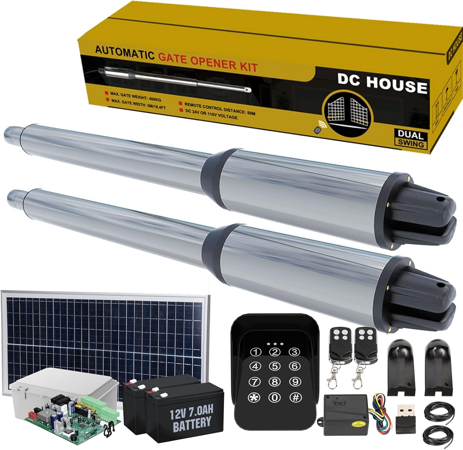 DC HOUSE 24V DC/AC Heavy-Duty Automatic Solar Dual Gate Opener Kit with Keypad + Car Sensor for Swing Gates Up to 16.4 Feet for Fences/Palisades/Agricultural/Driveway Gates | Subcontract Delivery