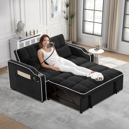 Convertible Sleeper Sofa Bed, 3 in 1 Velvet Pull Out Loveseat Couch Modern Comfy Futon Sofa with Adjustable Backrest & Phone Holder & USB Charging Space Saving for Living Room, Small Apartment, Grey