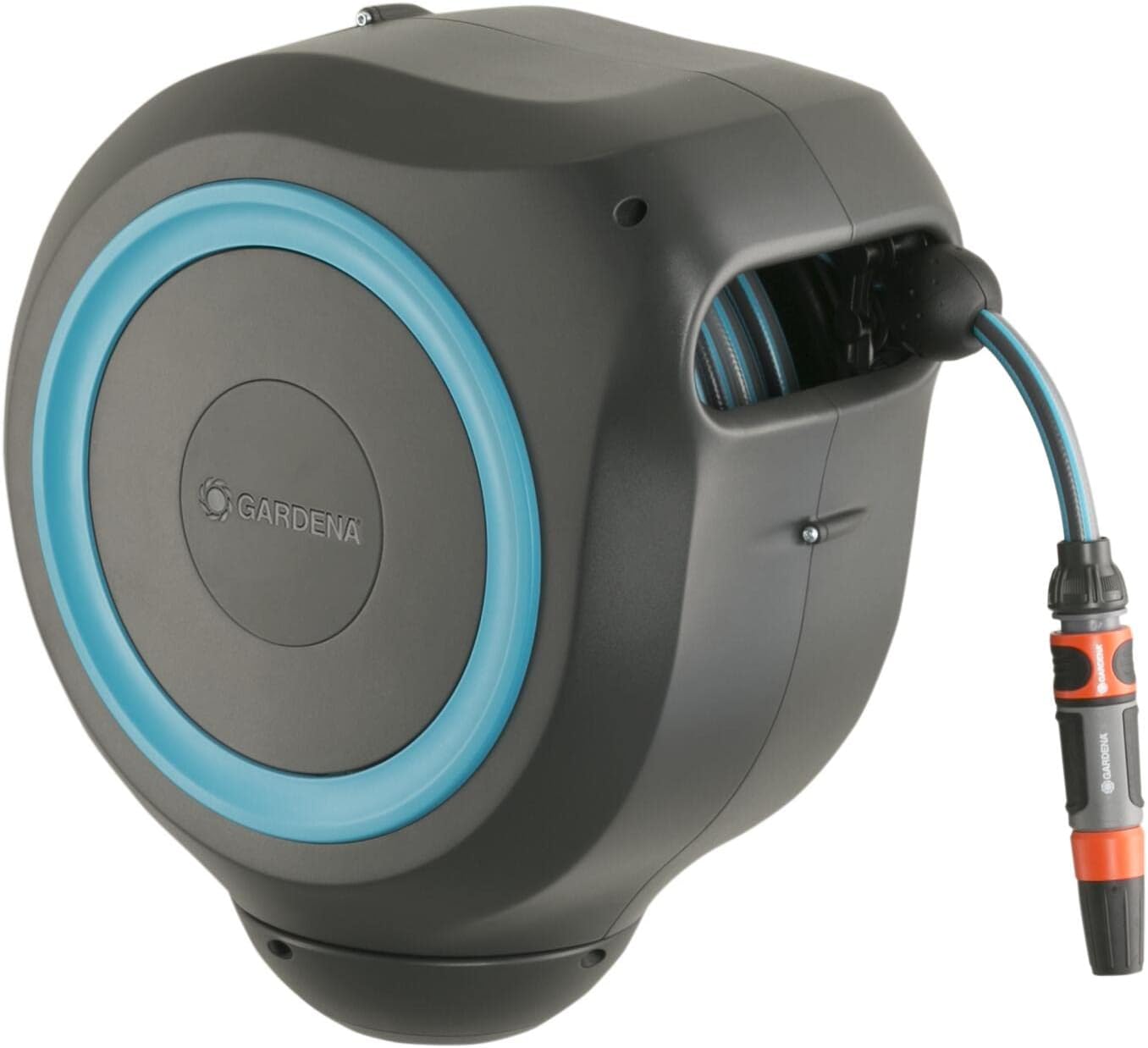 Gardena Wall Mounted Retractable hose reel. 65 Ft with Automatic Rewind, 180 Degree Swivel Bracket and any Length hose Lock. Made in Europe
