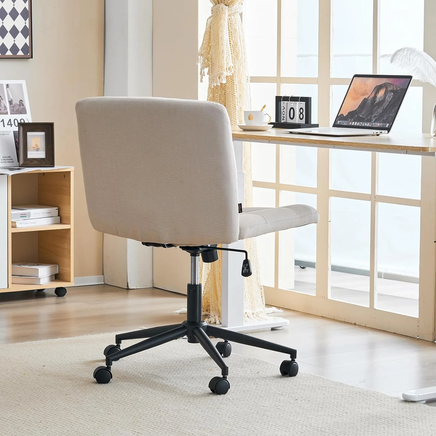 Wide Armless Desk Chair with Wheels, Mid Back Swivel Criss Cross Chair for Home Office, Height Adjustable Wide Seat Home Office Task Chairs, Beige