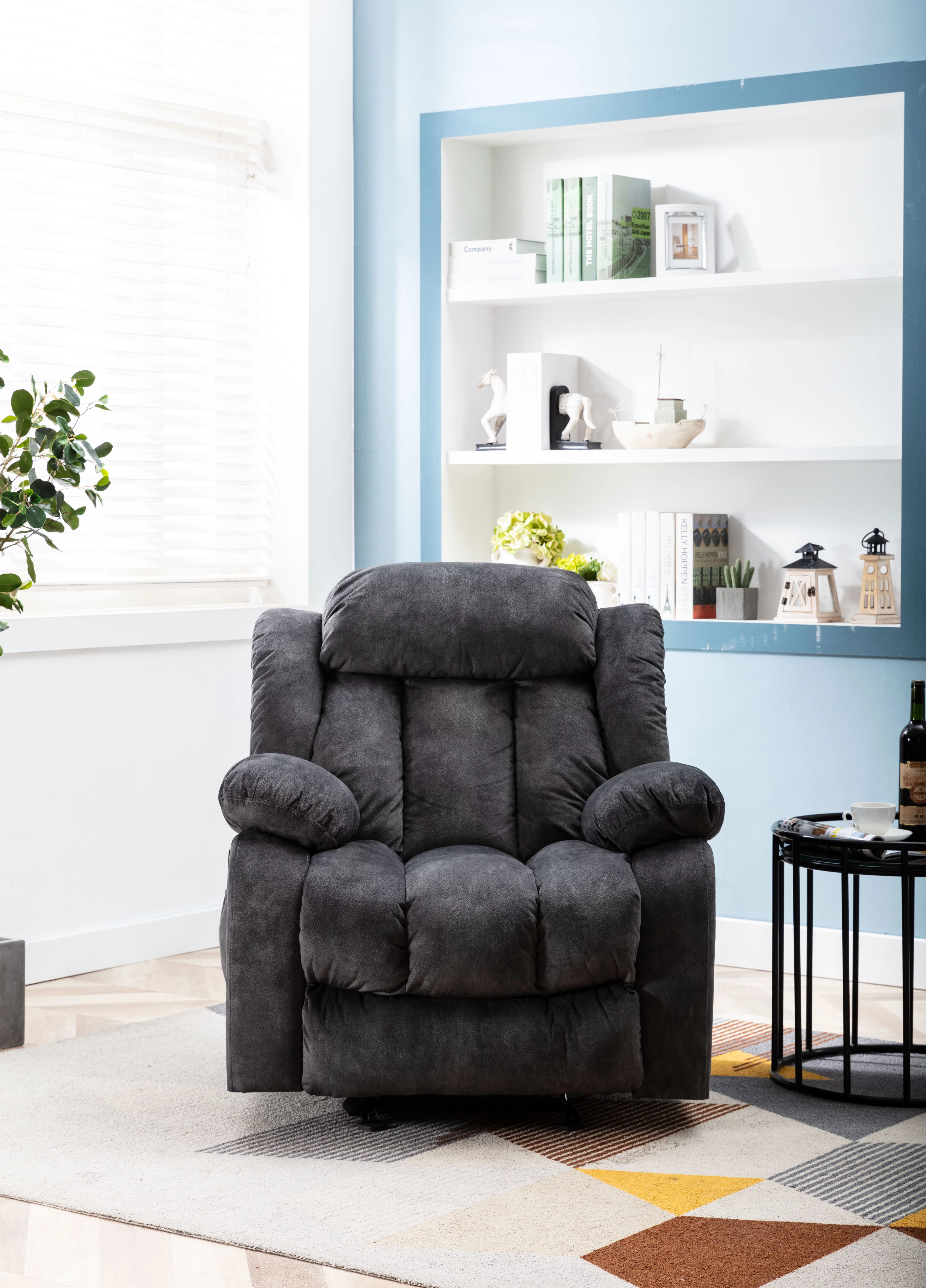 Massage Rocker Recliner with Heat and Vibration, Manual Rocking Recliner Chair with Vibrating Massage, Comfy Padded Overstuffed Recliner Soft Fabric Heated Recliner (Grey)