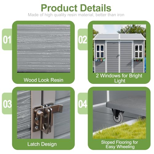 8x6x7 FT Resin Storage Shed, Waterproof Outdoor Storage Shed w/Floor, 2 Windows, Double Lockable Doors & Vents, Tool Shed for Patio Garden, Lawn, Backyard, Dove Grey