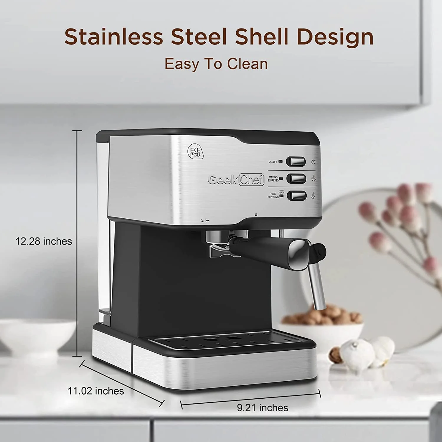 Geek Chef Espresso Machine 20 Bar, Cappuccino latte Maker Coffee Machine with ESE POD capsules filter&Milk Frother Steam Wand, 1.5L Water Tank, for Home Barista, Stainless steel 950W, Black