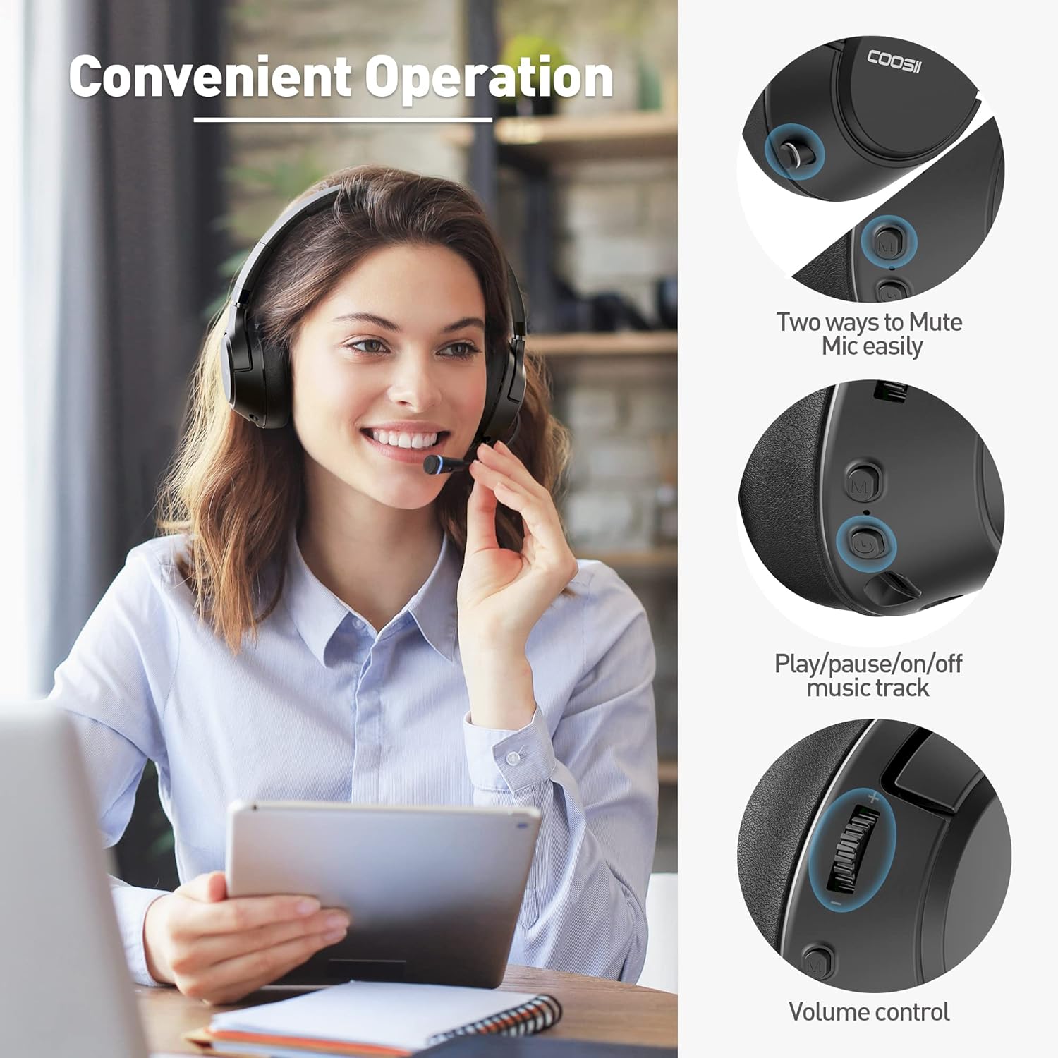 COOSII H300 Wireless Headphones Bluetooth with Microphone, Over Ear Headsets with Environmental Noise Cancelling Retractable Mic, USB Dongle & Mute for Office Laptop Computer Chromebook Smartphone