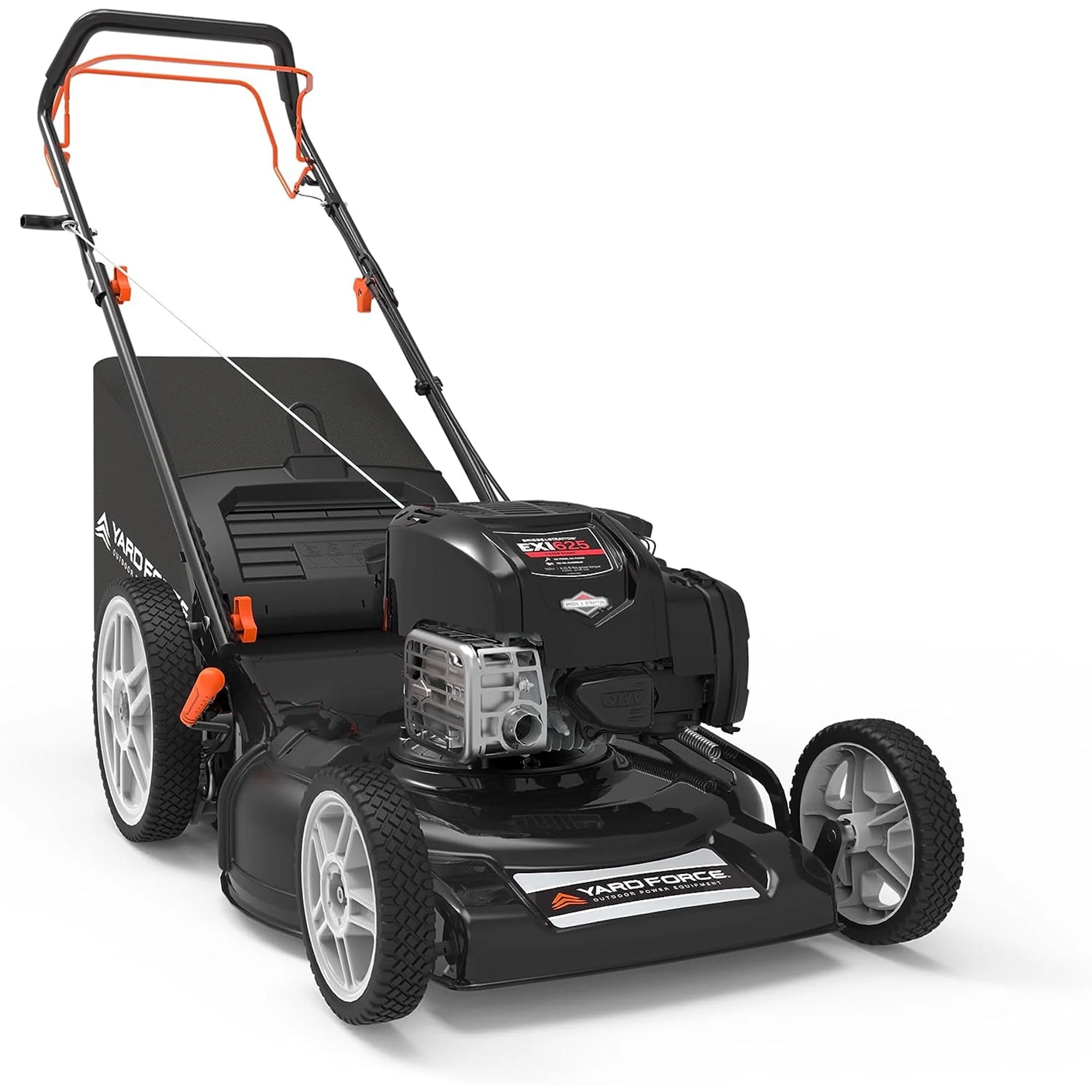 Yard Force Self Propelled Lawn Mower Briggs & Stratton 150cc Gas Engine 22-inch Steel Deck 3-in-1 mulch, bag, side discharge, 12-inch High Rear Wheels