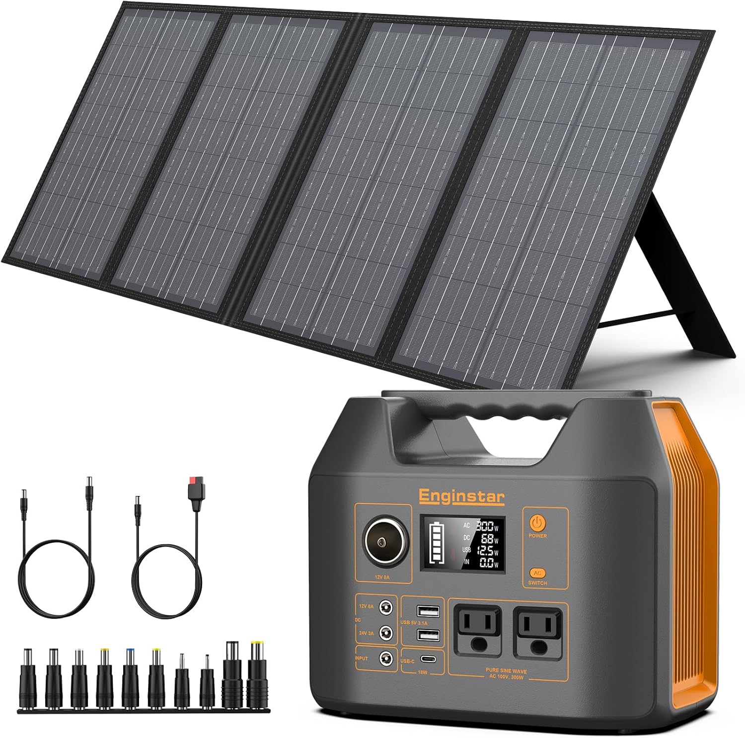 Solar Generator with Panels, EnginStar 300W Solar Generator with 60W Solar Panel, 80000mAh Portable Power Bank with AC Outlet for Outdoors Camping Emergency Use