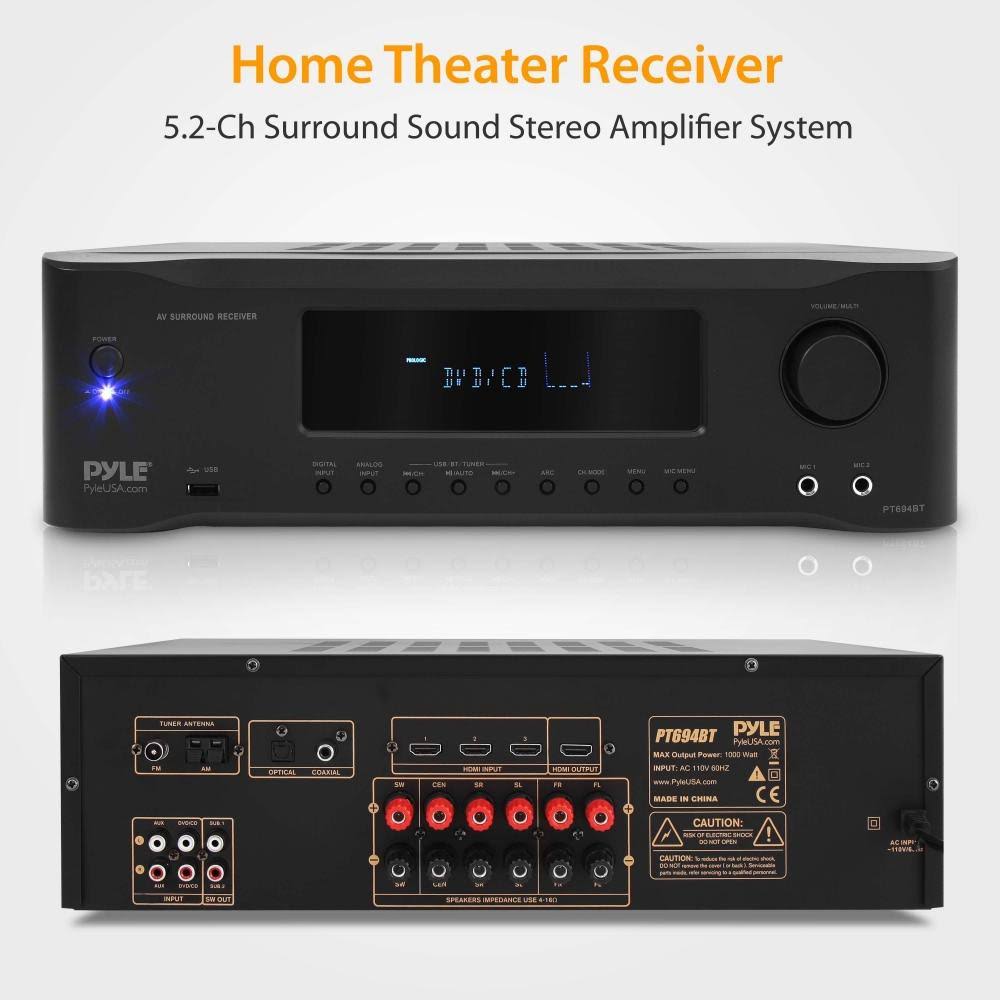 5.2-Channel Hi-Fi Bluetooth Stereo Amplifier - 1000 Watt AV Home Speaker Subwoofer Sound Receiver w/Radio, USB, RCA, HDMI, Mic i