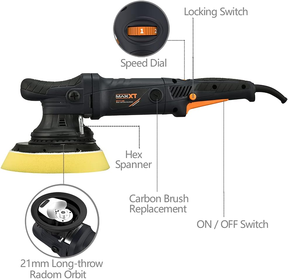 MAXXT Car Buffer Polisher Rotary Variable Speed Car Polishing Machine 7 Inch Car Detailing Kit with D and Side Handle, Woolen fleece hood, Terry polishing bonnet, Sanding discs