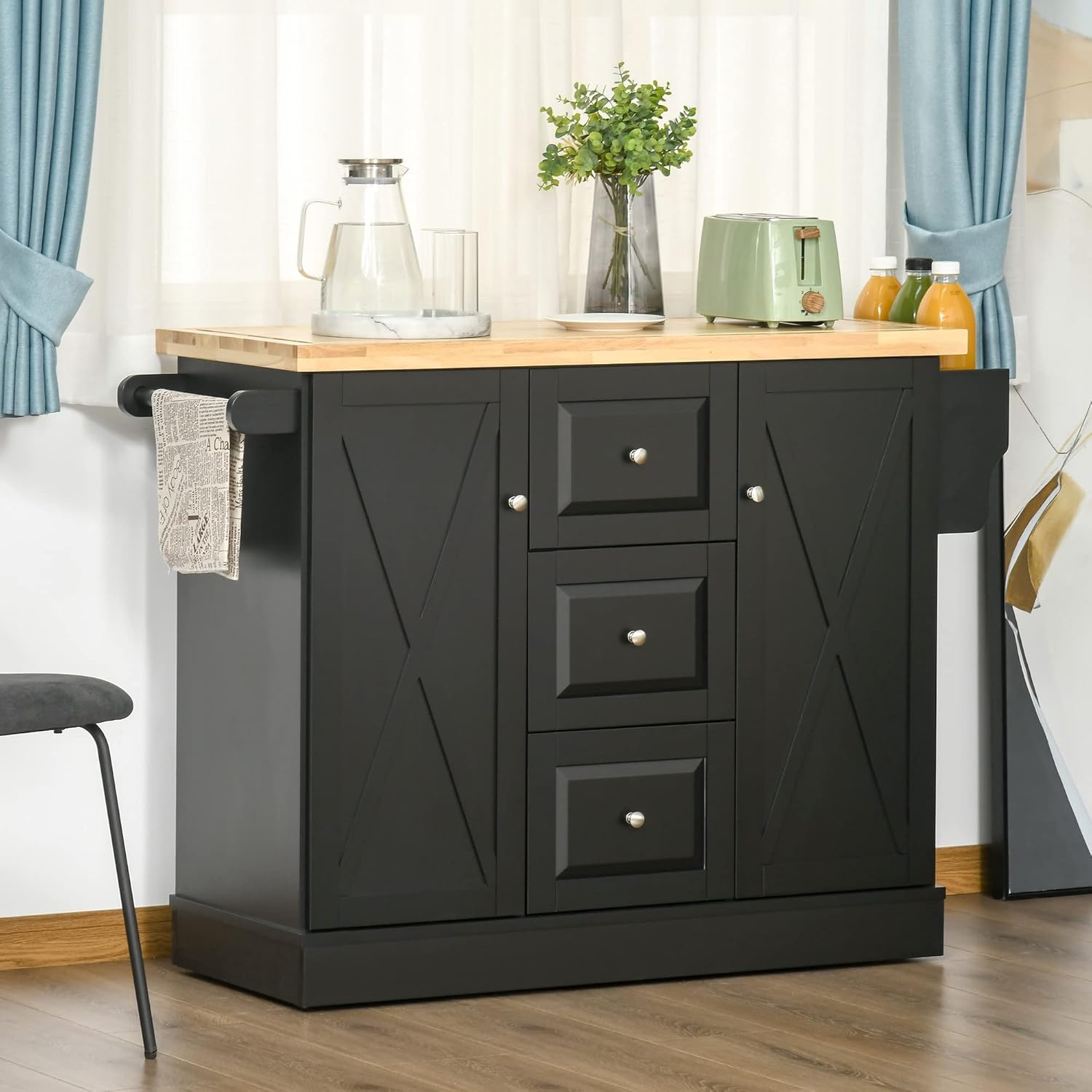 HOMCOM Rolling Kitchen Island with Storage, Kitchen Cart with Wood Top, 3 Drawers and 2 Barn Door Style Cabinet, Adjustable Shelves, Spice Rack, Black