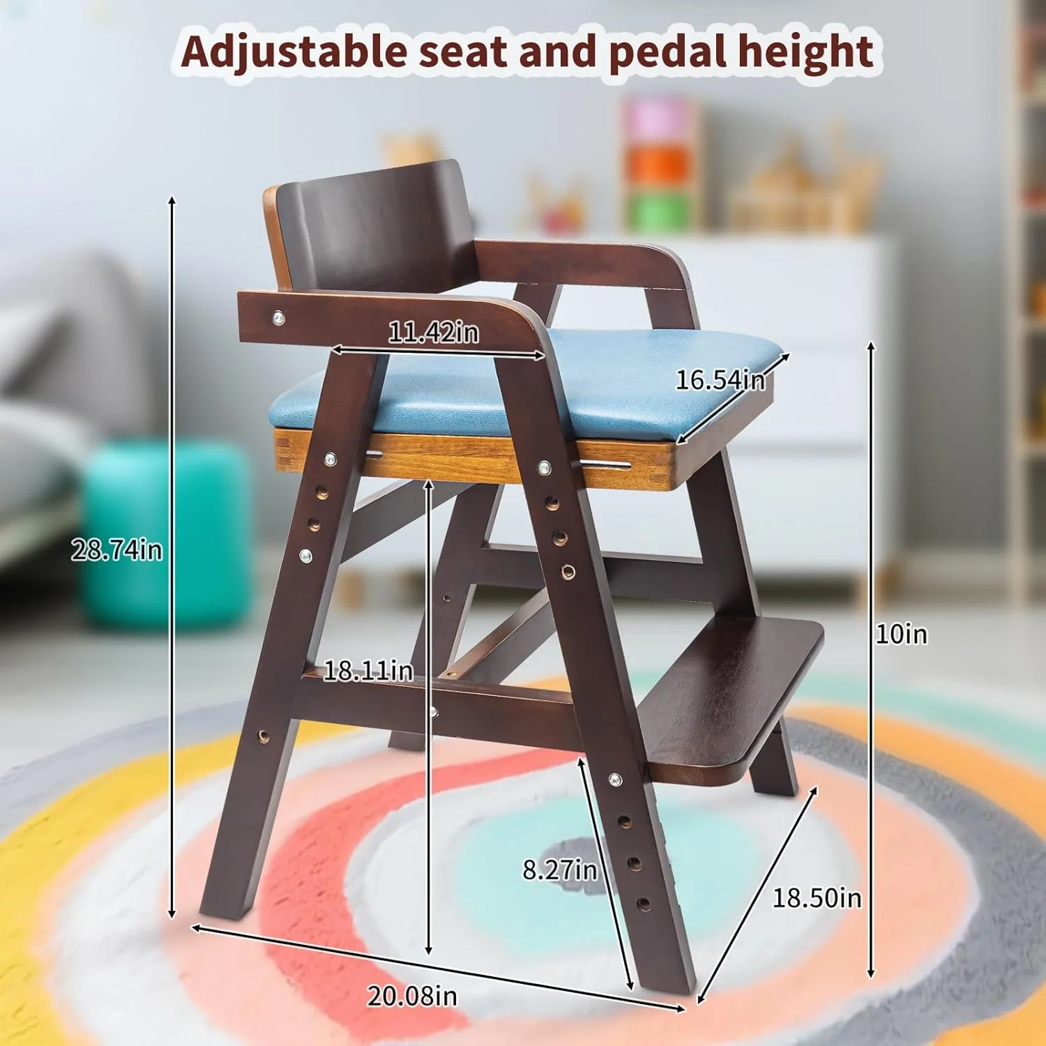 Wooden High Chair for Toddlers, Adjustable Toddler High Chair, 8 Levels Adjustable High Chair for Toddlers, Wooden Highchair with High Rebound Waterproof Cushion for Dining, Studying, Step Tool