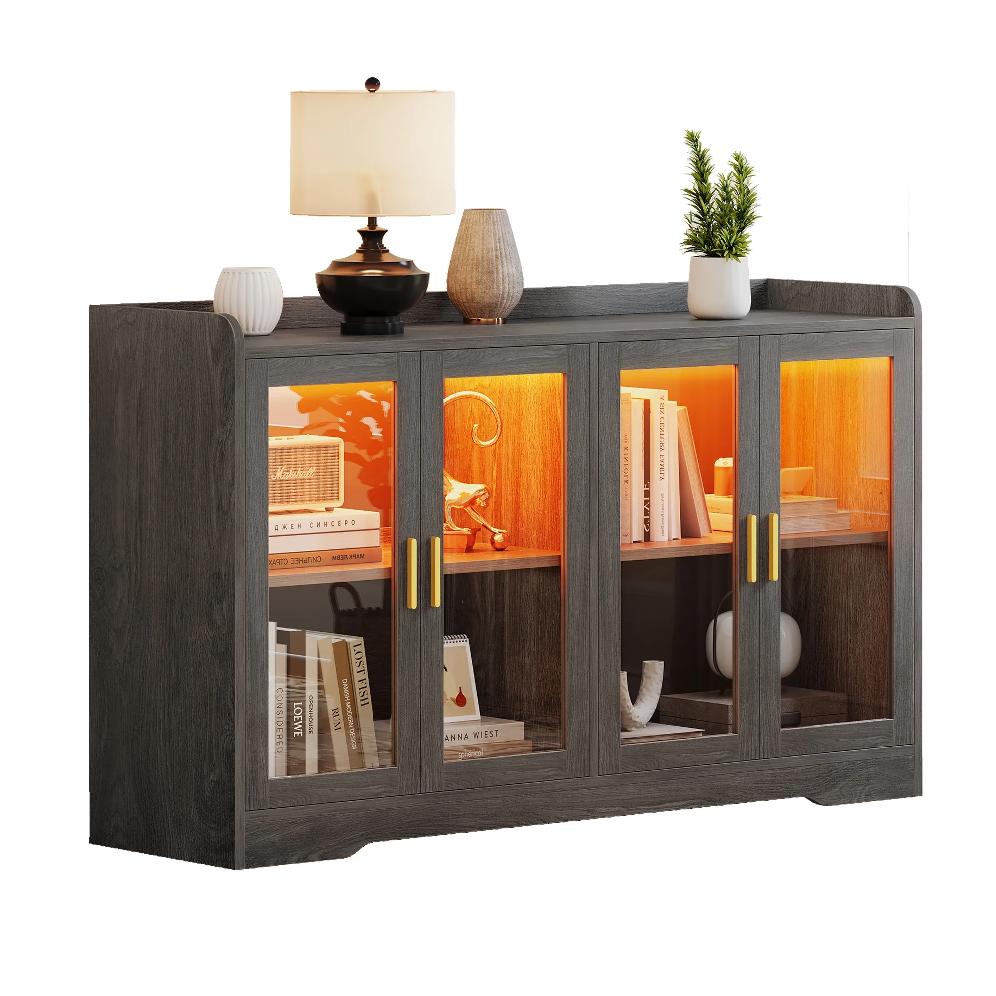 Dextrus Sideboard Buffet Cabinet with LED Light & Doors, Modern Wood Acrylic Glass Sideboard Storage Cabinet Cupboard, Sideboard Buffet Table for Kitchen, Dinning Room, Living Room, Gray