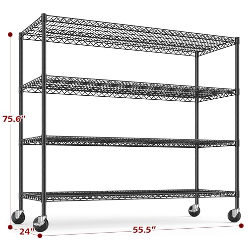 REIBII 75.6" H Storage Shelves Wire Shelving Unit with Wheels 2500LBS Garage Shelving Heavy Duty Metal Shelves for Storage Rack Adjustable Pantry Shelf Commercial Shelving, 75.6" H X 55.5''W X 24" D
