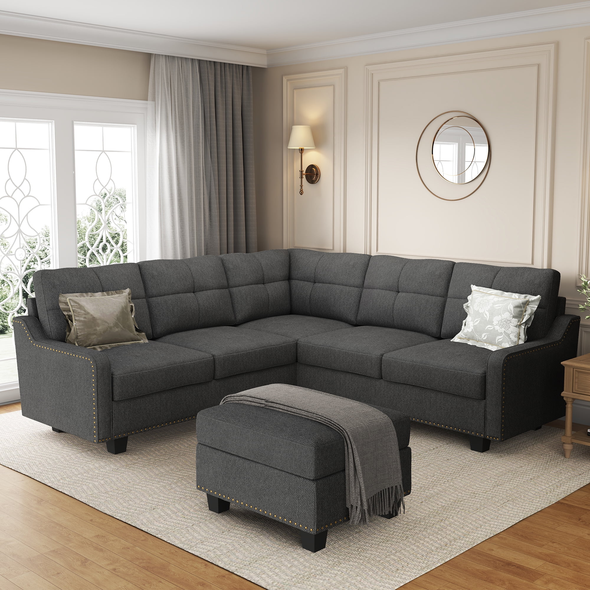 HONBAY Modern Convertible Nailhead Trim Sofa Set with Storage Ottoman, Dark Gray Sofa Set for Living Room - Curated Treasures Market