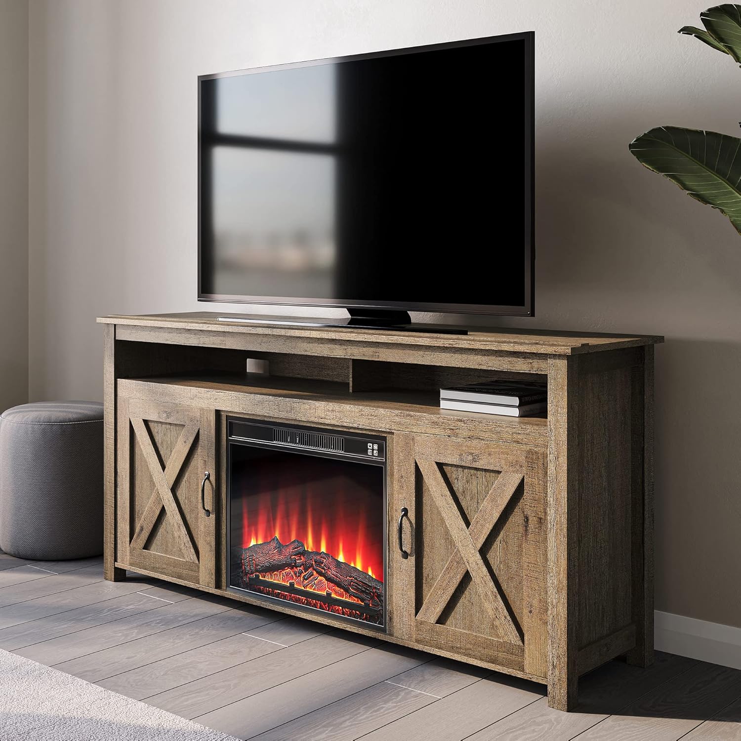 BELLEZE Barn Door Wood Electric Fireplace TV Stand & Media Entertainment Center Console Table for TVs up to 65 Inches with Two Open Shelves and Cabinets - Corin (Gray Wash)