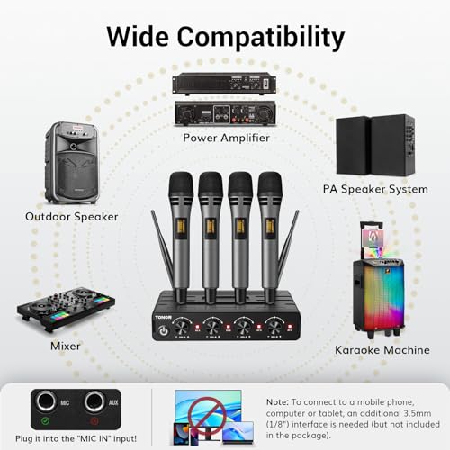 TONOR Wireless Microphones System with 4x10 Channels Cordless Handheld Microfono Inalambrico, 200FT UHF Range, Mics with stable signal Transmission for Karaoke Singing Party Church Wedding PA Speaker