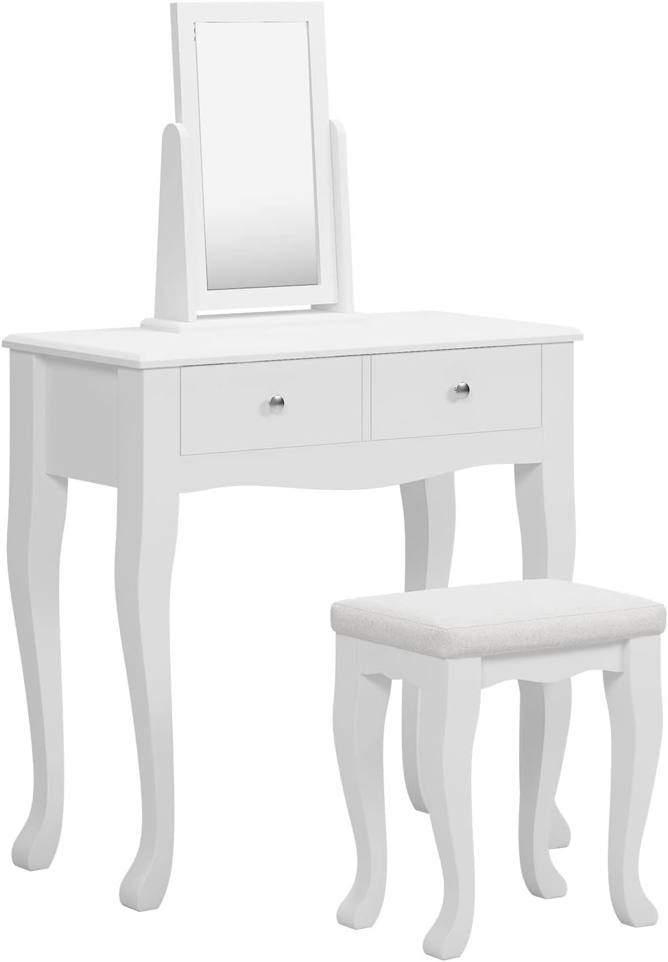 sogesfurniture Vanity Dressing Table Set Wooden Contemporary with 360° Pivoting Mirror and Stool, Multifunctional Makeup Dressing Table and with 2 Drawers, White