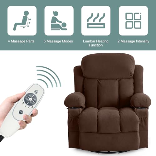 Massage Recliner Chair, Swivel and Rocking Recliner with Heat and Vibration, Breathable Fabric Ergonomic Single Sofa Chair for Living Room with Cup Holders, Side Pockets and USB