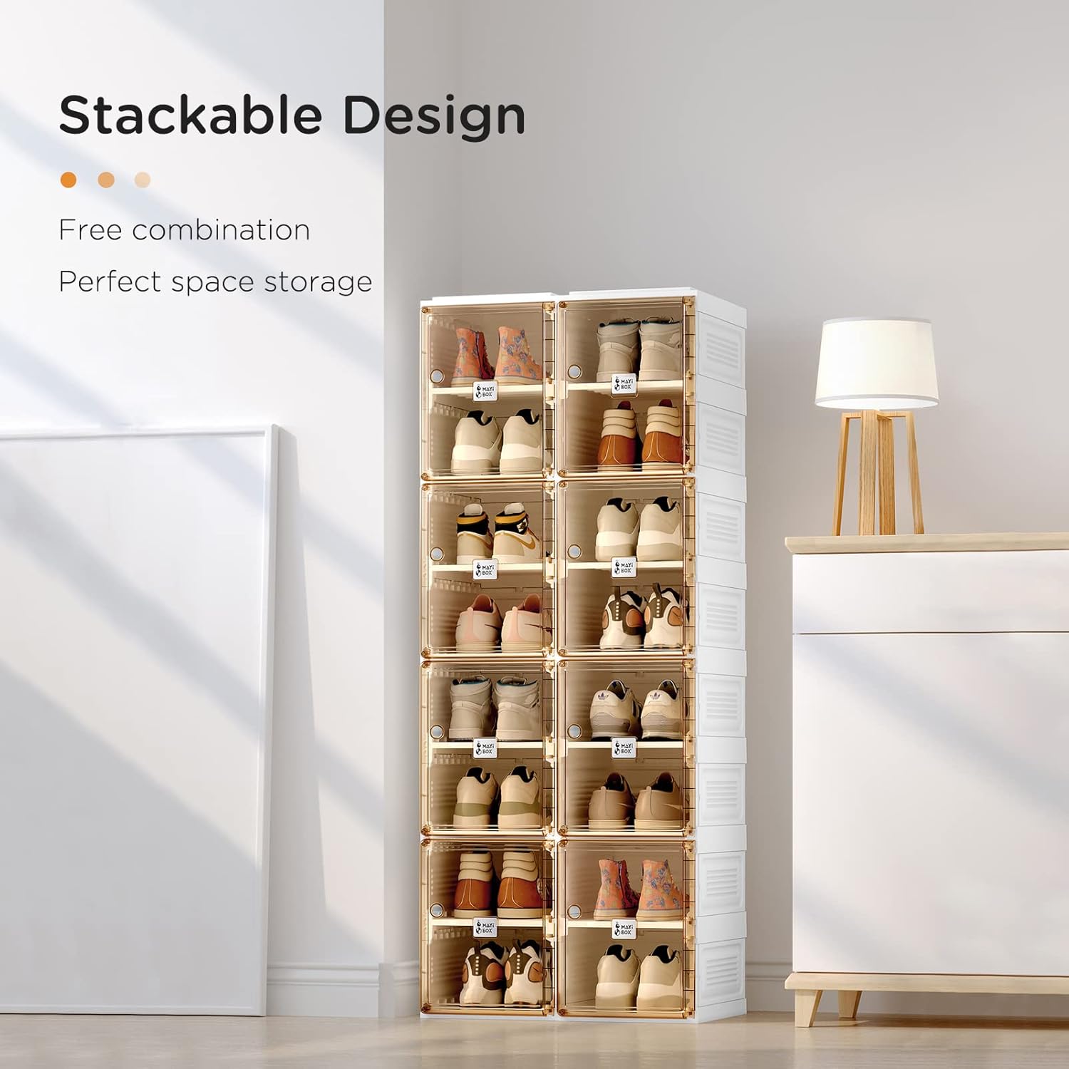Shoe Organizer Storage Box, Portable Folding Shoe Rack for Closet with Magnetic Clear Door,Large Sneaker Cabinet Bins Sturdy Easy Assembly 10 Layers-20 Grids (Brown 8 Layers)