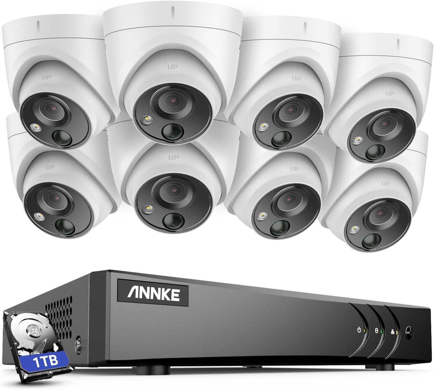 ANNKE CCTV Camera System 8 Channel 5MP 5-in-1 H.265+ DVR and 8 x 1080P HD Weatherproof Dome Cameras, PIR Detection, White Light Alarm, Email Alert with Snapshots, 1 TB Hard Drive – E200