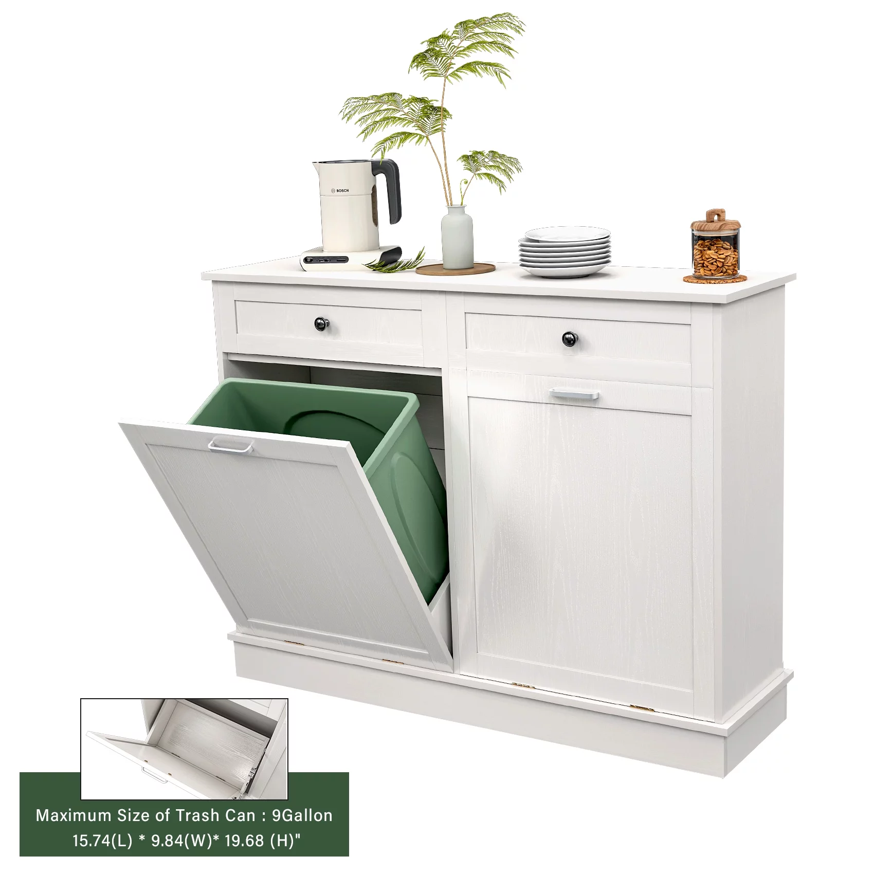TC-HOMENY Dual Tilt Out Trash Cabinet, Trash Can with Countertop and Drawer, Free Standing Trash Can Cabinets with Lid Support Hinge, Recycling Cabinet Free Standing For Kitchen, Laundry Room, White