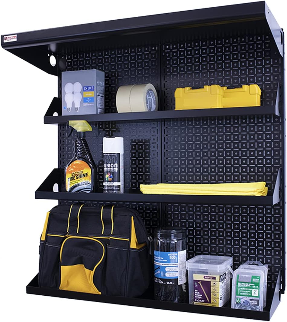 Metal Pegboard Shelving Organization System OmniWall Shelving Kit 32" x 32" Modular Pegboard- Panel Color: Black Accessory Color: Silver
