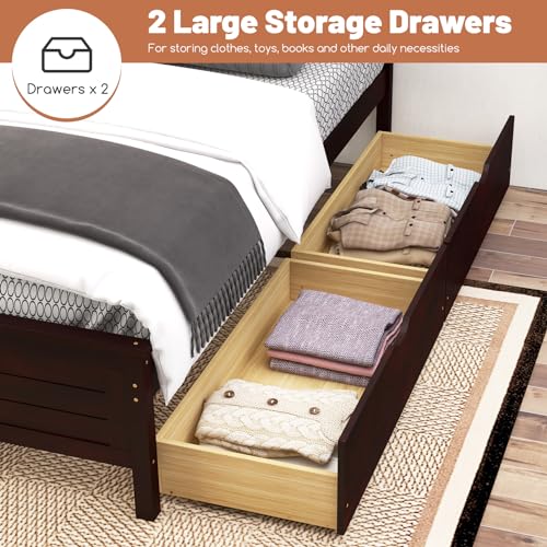 GOFLAME Twin Size Bed Frame with 2 Drawers, Platform Bed with Solid Wood Headboard & Footboard, Wood Slats Support Mattress Foundation, Under Bed Storage, No Box Spring Needed, Easy Assembly, White