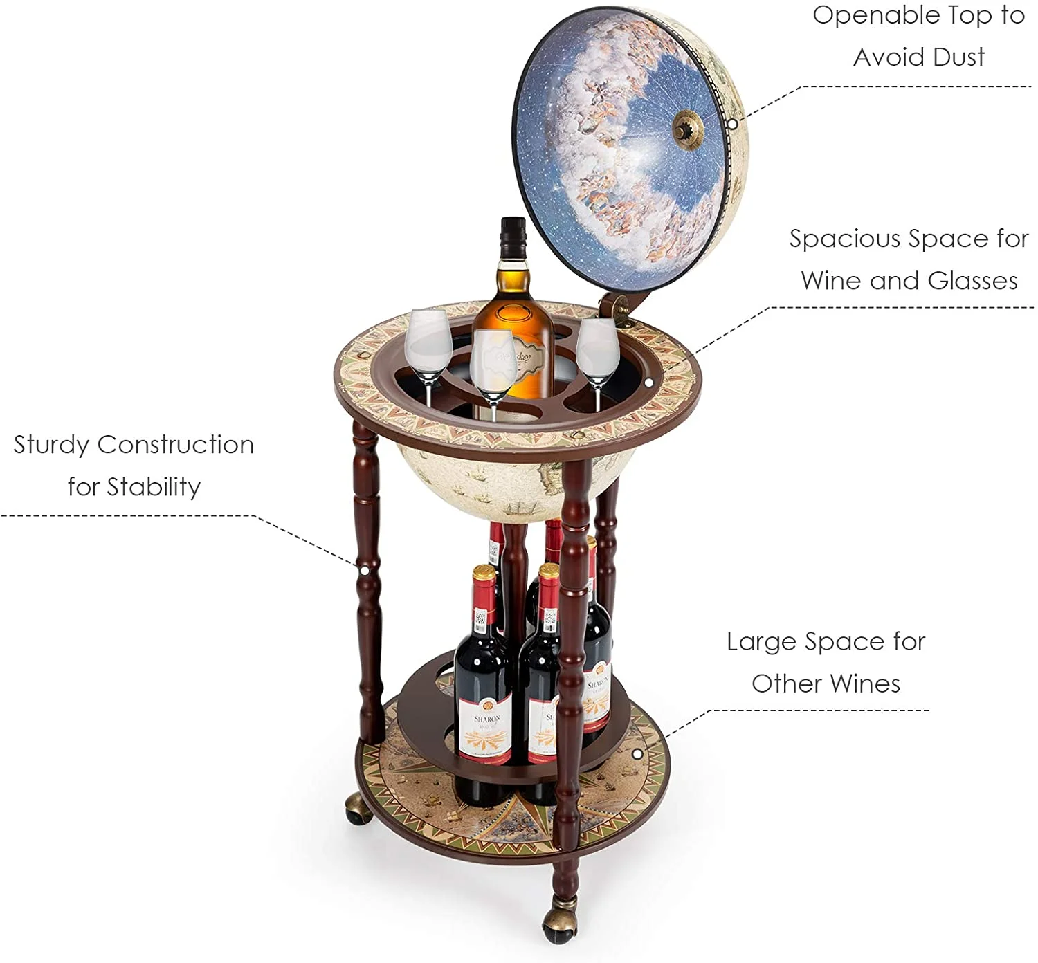 17.5” Globe Bar, Wood Globe Bar Cart with Wheels & Liquor Bottle Shelf, 16th Century Italian Replica Liquor Cabinet, for Living Room, Dining Room, Home, Creamy White