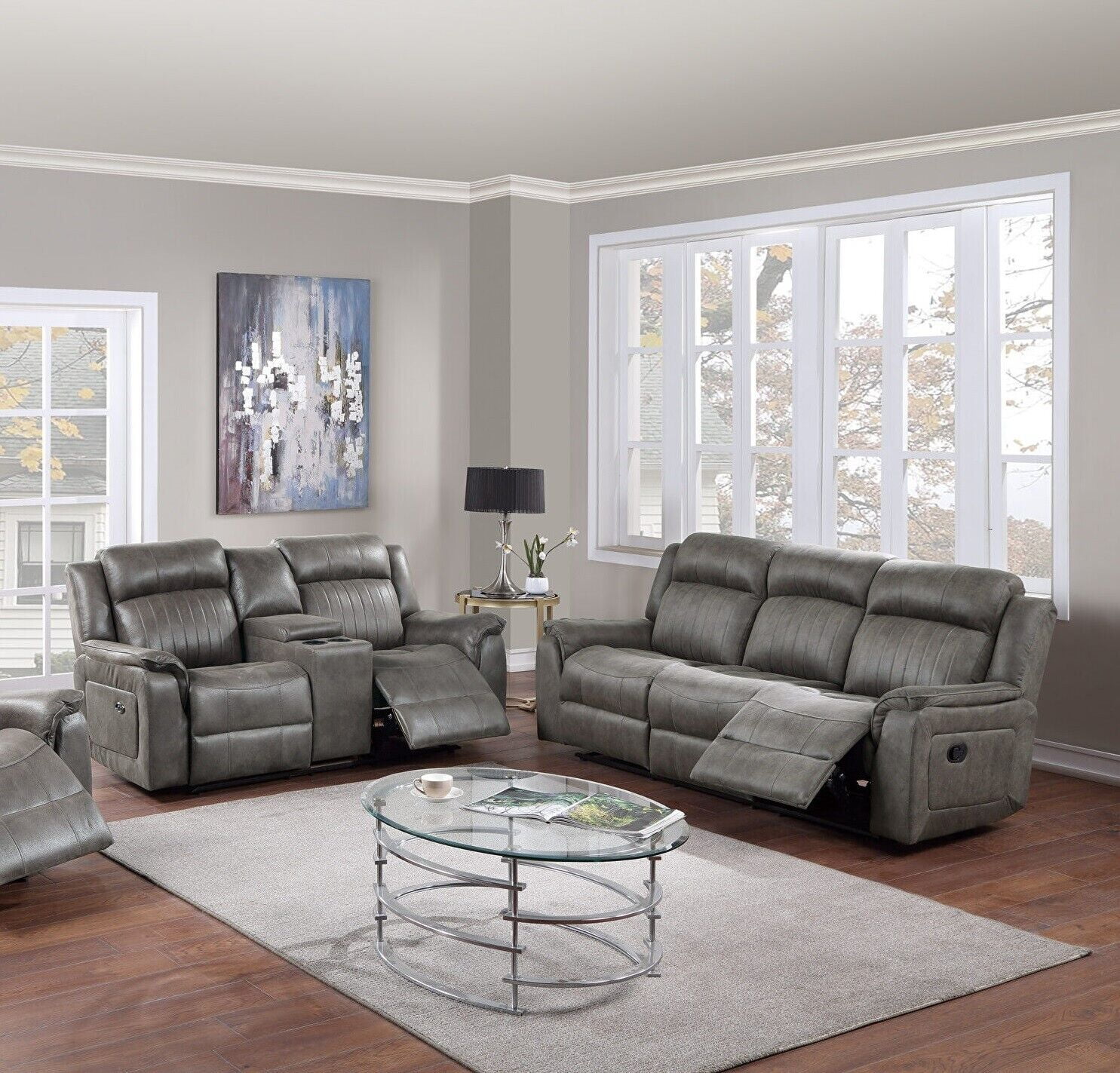 Living Room Furniture Power Motion Sofa Loveseat w Console 2pc Reclining Sofa Set Couch Modern Slate Blue Leatherette